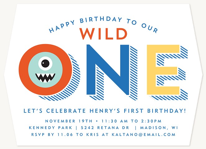 Monster One Kids Birthday Invitations