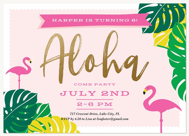 Pink Flamingo Kids Birthday Invitations