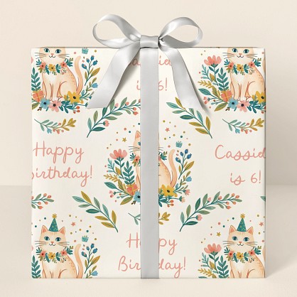 Personalized Birthday Cat Floral Botanical Wrapping Paper