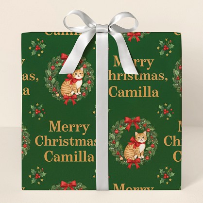 Personalized Christmas Cat Wreath Wrapping Paper