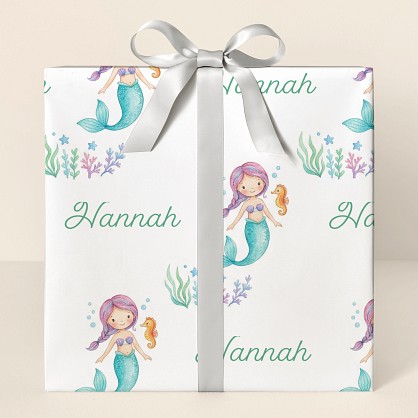 Personalized Watercolor Mermaid Kids Wrapping Paper