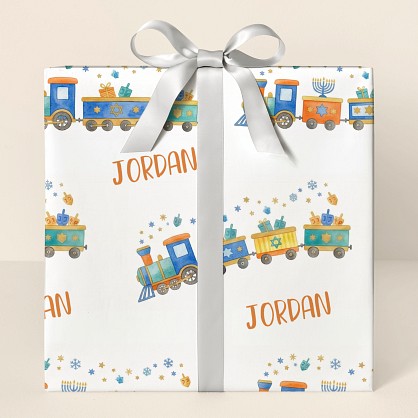 Personalized Hanukkah Train Watercolor Wrapping Paper
