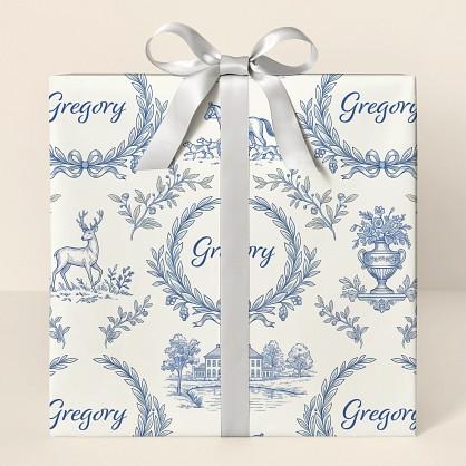 Personalized Blue Toile Estate Wrapping Paper