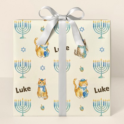 Personalized Hanukkah Cats Watercolor Wrapping Paper