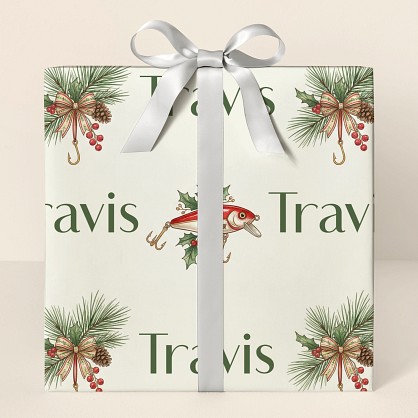 Personalized Christmas Fishing Lures & Pine Botanical Wrapping Paper