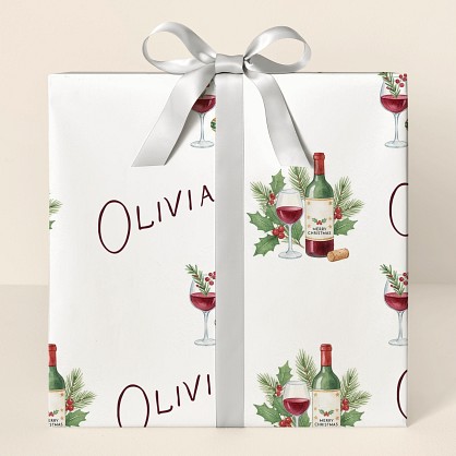 Personalized Christmas Wine Lover's Watercolor Wrapping Paper