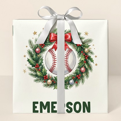 Personalized Baseball Christmas Wreaths Wrapping Paper