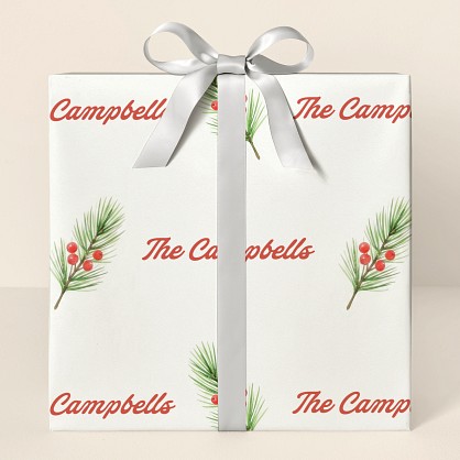 Personalized Watercolor Pine & Berry Christmas Wrapping Paper
