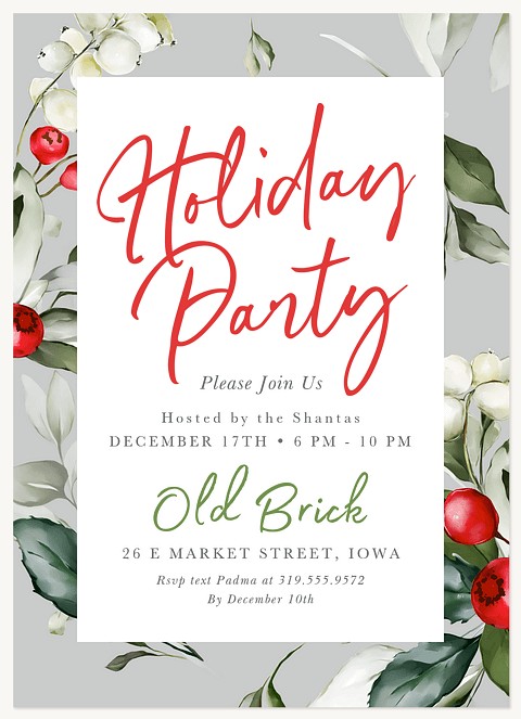 Grey Holly Holiday Party Invitations