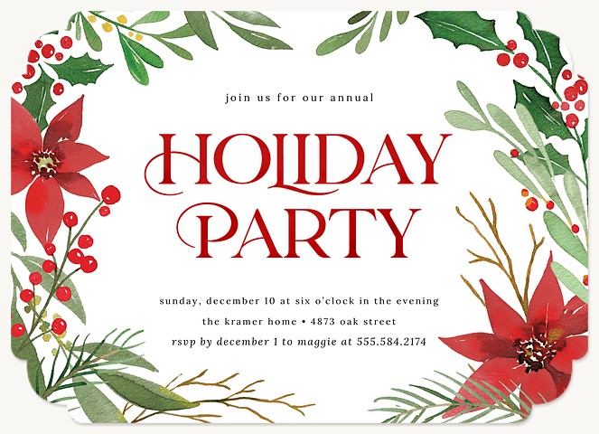 Watercolor Poinsettias Holiday Party Invitations