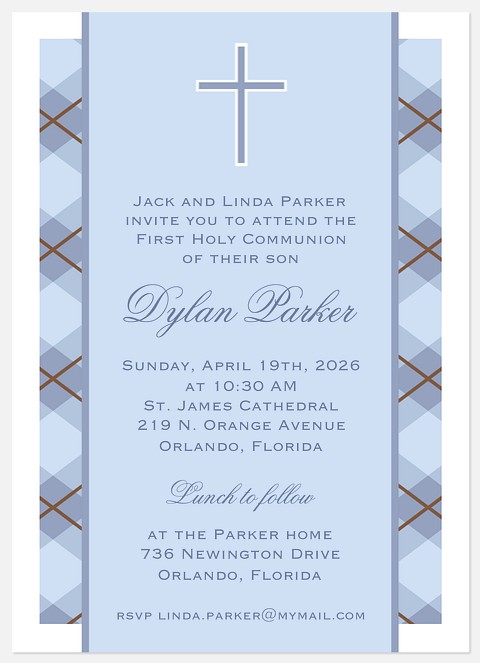 Blue Plaid Blessing First Communion Invitations