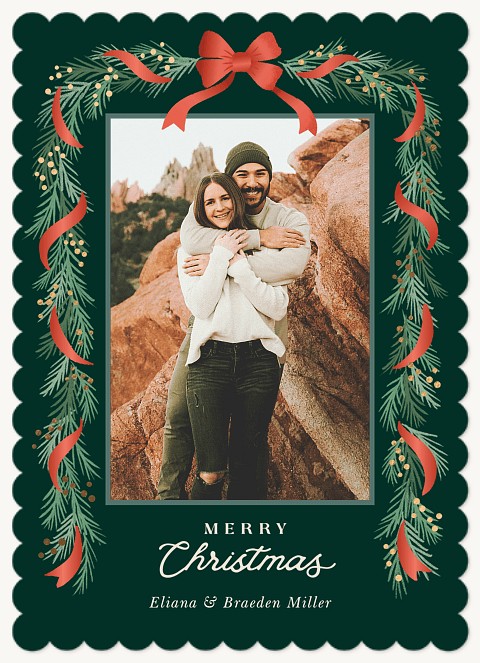 Elegant Ribbon Pine Personalized Holiday Cards