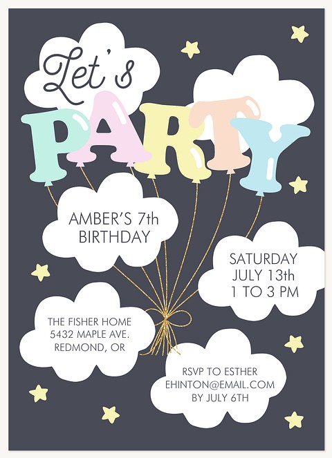 Cloud Balloons Girl Birthday Party Invitations