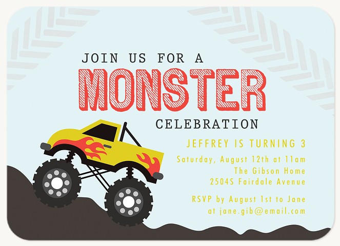 Monster Truck Kids Birthday Invitations
