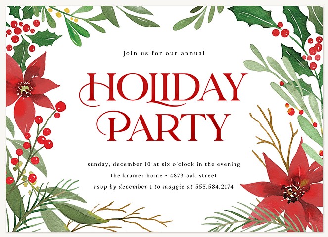 Watercolor Poinsettias Holiday Party Invitations