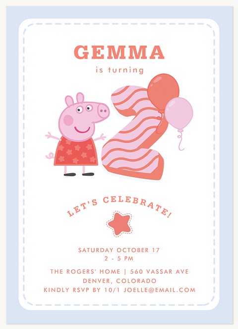 Peppa Pig Stitched Event Kids Birthday Invitations