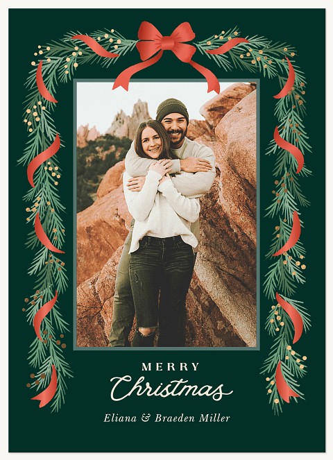 Elegant Ribbon Pine Personalized Holiday Cards