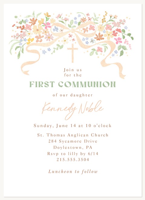Floral Bow First Communion Invitations