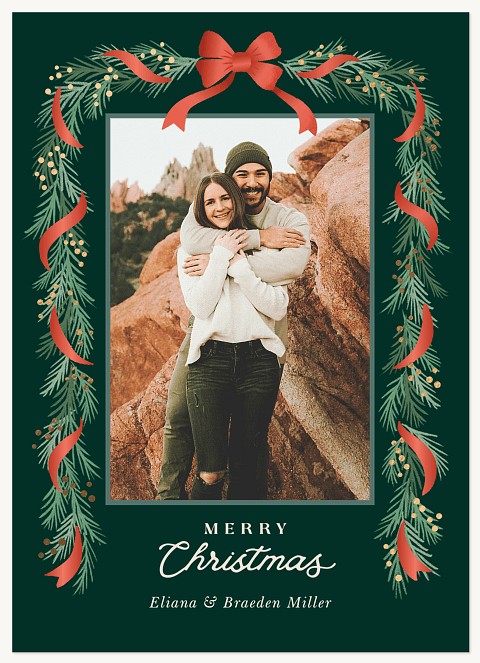 Elegant Ribbon Pine Personalized Holiday Cards