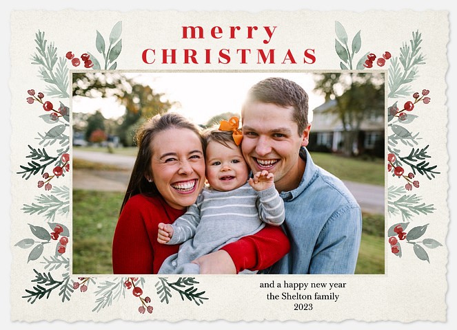 Traditional Greenery Holiday Photo Cards