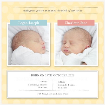 Classic Cream Twin Birth Announcement Cards