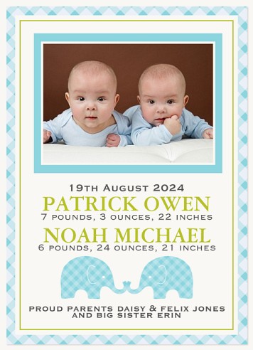 Blue Duo Twin Birth Announcement Cards