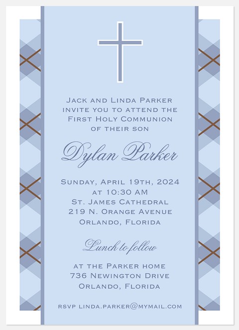 Blue Plaid Blessing First Communion Invitations