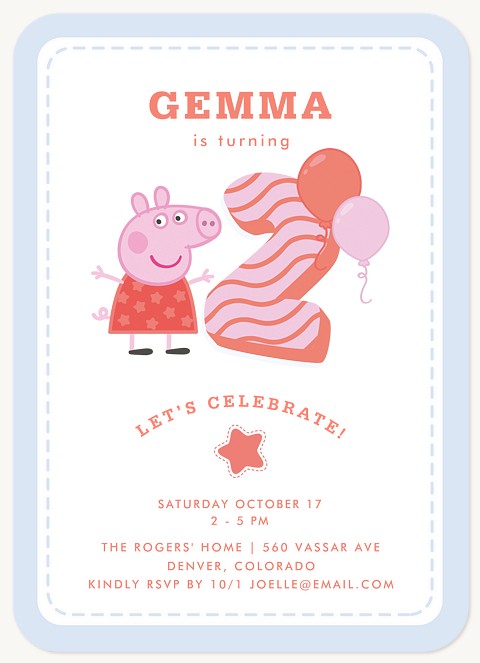 Peppa Pig Stitched Event Kids Birthday Invitations