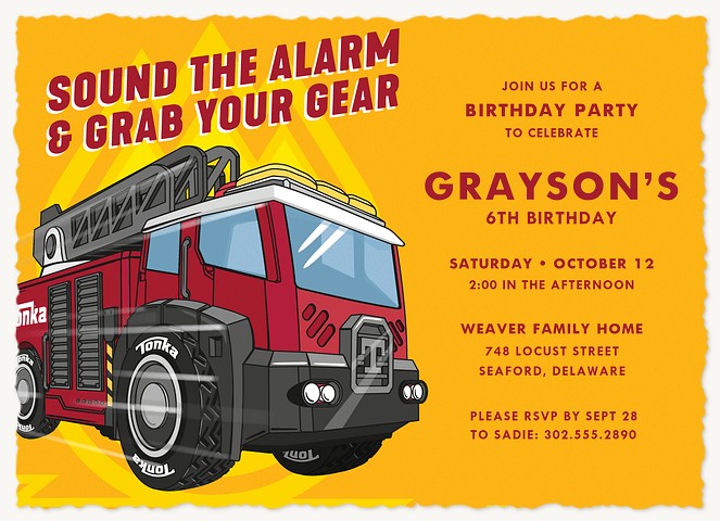 Tonka Fire Truck Kids Birthday Invitations