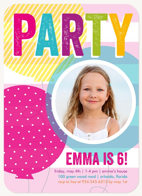 Party Balloons Girl Birthday Party Invitations