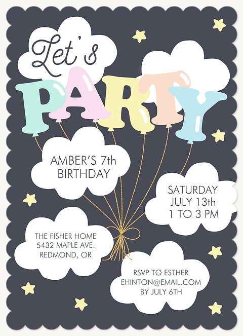 Cloud Balloons Girl Birthday Party Invitations