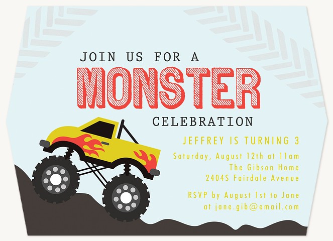 Monster Truck Kids Birthday Invitations