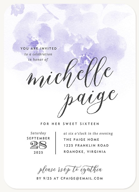 Watercolor Violets Teen Birthday Invitations